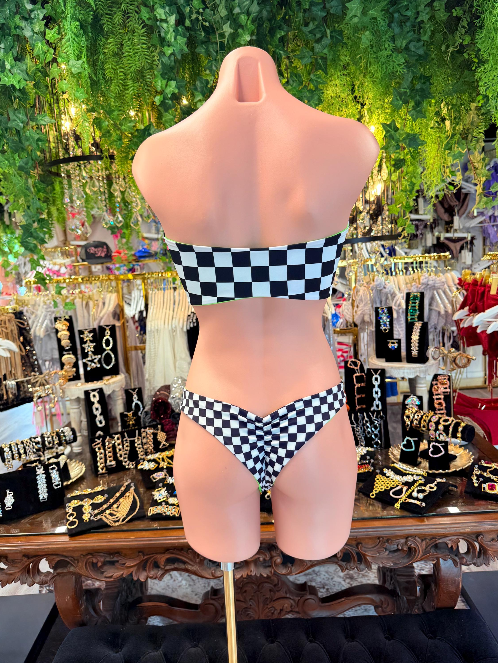Handmade Race Me To Green Bikini Bottom | Black White Checkered Bikini | Lace Up Top | Cheeky Scrunch Swimsuit