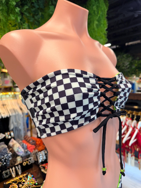Handmade Race Me To Green Bikini Bottom | Black White Checkered Bikini | Lace Up Top | Cheeky Scrunch Swimsuit
