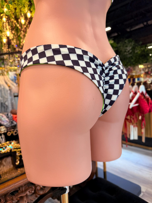 Handmade Race Me To Green Bikini Bottom | Black White Checkered Bikini | Lace Up Top | Cheeky Scrunch Swimsuit