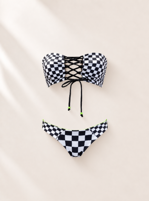 Handmade Race Me To Green Bikini Bottom | Black White Checkered Bikini | Lace Up Top | Cheeky Scrunch Swimsuit