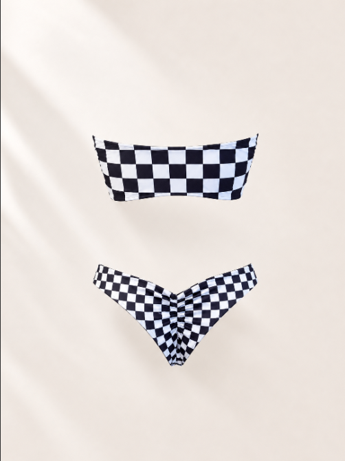 Handmade Race Me To Green Bikini Bottom | Black White Checkered Bikini | Lace Up Top | Cheeky Scrunch Swimsuit
