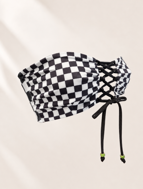 Handmade Race Me To Green Bikini Bottom | Black White Checkered Bikini | Lace Up Top | Cheeky Scrunch Swimsuit