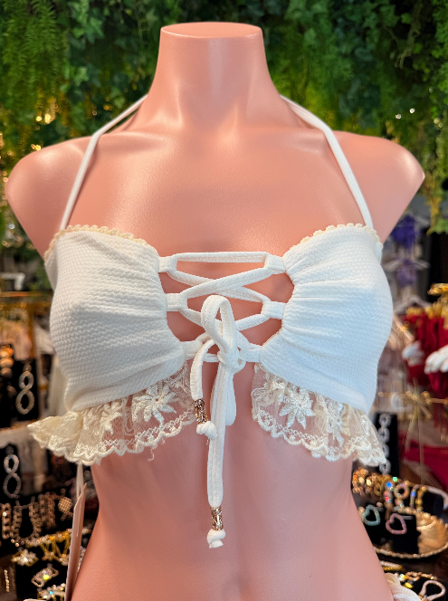 Handmade Doll of the Sea Bikini Bottom | White Ruffle Bikini | Lace Up Swimsuit | Handmade Cheeky Bikini