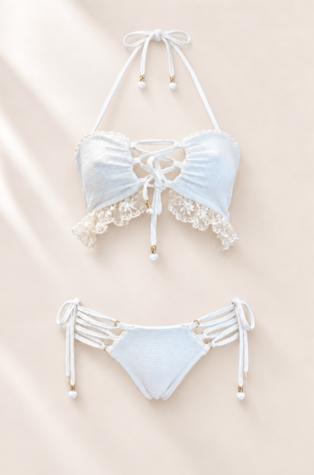 Handmade Doll of the Sea Bikini Top | White Ruffle Bikini | Lace Up Swimsuit | Handmade Cheeky Bikini