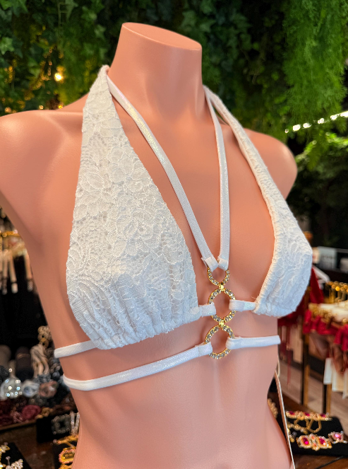 White Lace Ring Bikini Top | White Lace Bikini | Crystal Connector Swimsuit | Handmade Wedding Bikini