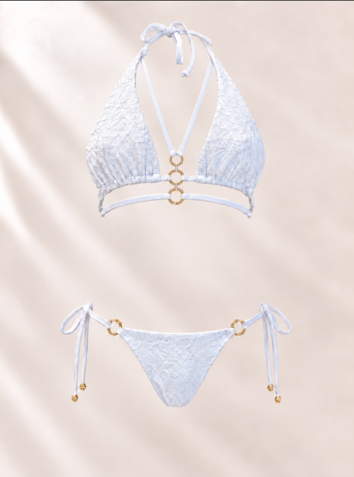 White Lace Ring Bikini Top | White Lace Bikini | Crystal Connector Swimsuit | Handmade Wedding Bikini