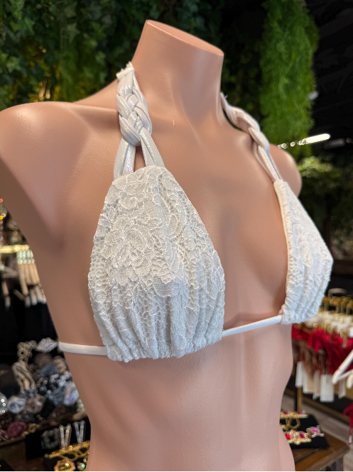 Handmade White Lace Braided Bikini Bottom | Bridal Bikini | Braided Strap Swimsuit | Cheeky Scrunch Bikini