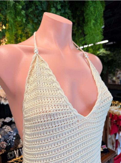 Handmade White Crochet Cover Up | V Neck Beach Dress | Crochet Swim Cover Up | Backless Resort Wear | Bridal Beach Cover Up