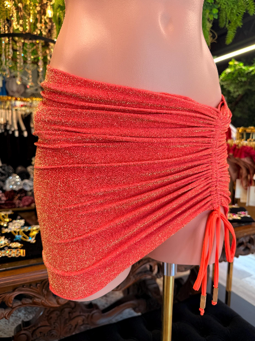 Handmade Coral Orange Tara Skirt | Adjustable Drawstring Cover Up | Mini Sarong | Bikini Cover Up | Resort Wear