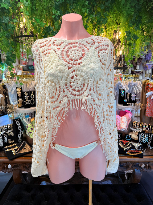 Cream Crochet Poncho | Fringe Beach Cover Up | Crochet Swim Cover Up | Boho Beachwear | Resort Wear