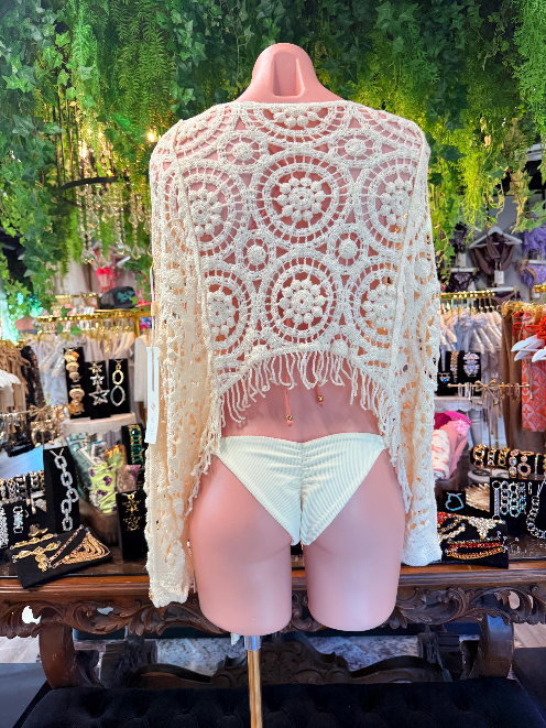 Cream Crochet Poncho | Fringe Beach Cover Up | Crochet Swim Cover Up | Boho Beachwear | Resort Wear