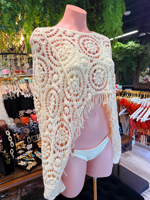 Cream Crochet Poncho | Fringe Beach Cover Up | Crochet Swim Cover Up | Boho Beachwear | Resort Wear
