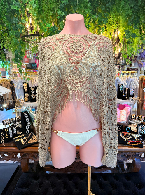 Cream Crochet Poncho | Fringe Beach Cover Up | Crochet Swim Cover Up | Boho Beachwear | Resort Wear