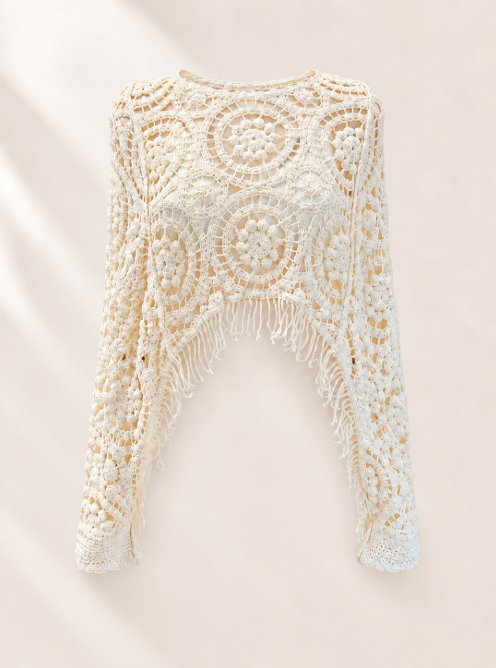 Cream Crochet Poncho | Fringe Beach Cover Up | Crochet Swim Cover Up | Boho Beachwear | Resort Wear