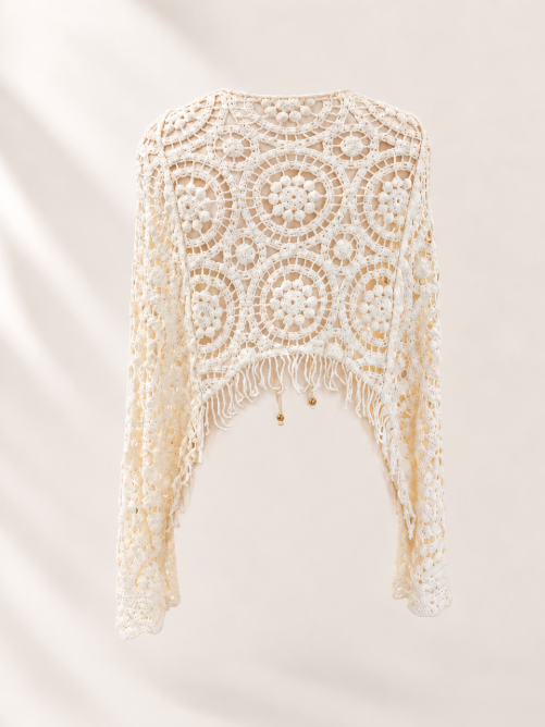 Cream Crochet Poncho | Fringe Beach Cover Up | Crochet Swim Cover Up | Boho Beachwear | Resort Wear