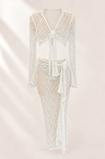 Cream Shell Crochet Set | Two Piece Beach Cover Up | Crochet Top & Skirt | Seashell Resort Wear | Bikini Cover Up
