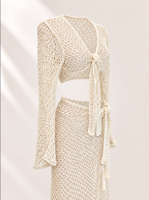 Cream Shell Crochet Set | Two Piece Beach Cover Up | Crochet Top & Skirt | Seashell Resort Wear | Bikini Cover Up