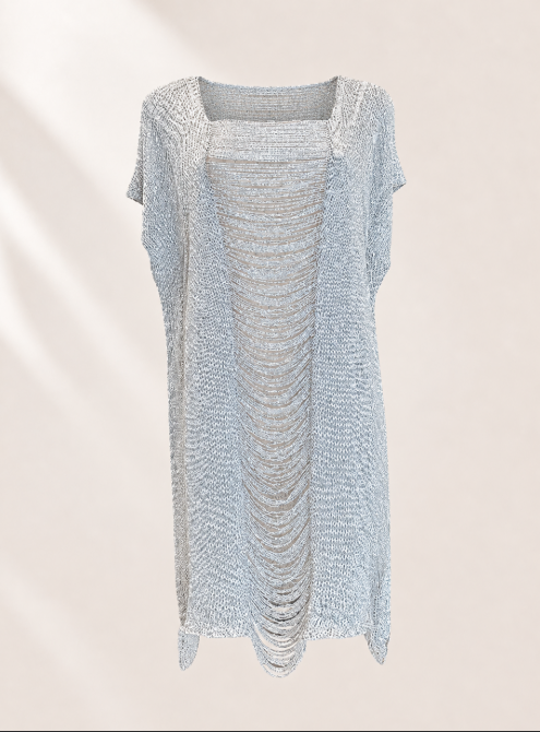 Silver Shredded Knit Cover Up | Metallic Beach Dress | Fringe Swim Cover Up | Sheer Resort Wear | Bikini Cover Up