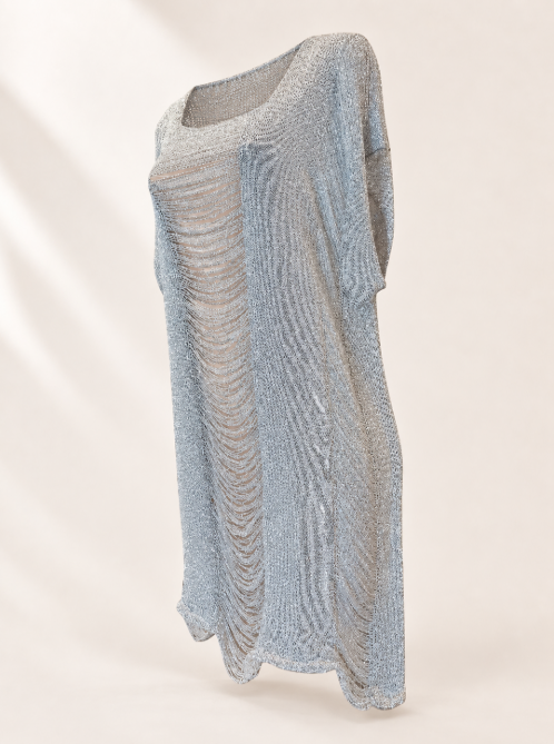 Silver Shredded Knit Cover Up | Metallic Beach Dress | Fringe Swim Cover Up | Sheer Resort Wear | Bikini Cover Up