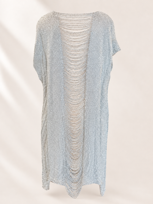 Silver Shredded Knit Cover Up | Metallic Beach Dress | Fringe Swim Cover Up | Sheer Resort Wear | Bikini Cover Up