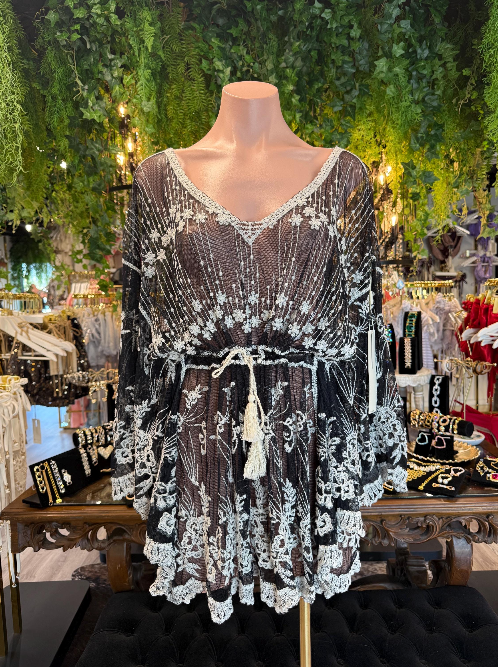Black & White Embroidered Lace Cover Up | Sheer Beach Dress | Tie Waist Swim Cover Up | Boho Resort Wear
