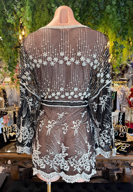 Black & White Embroidered Lace Cover Up | Sheer Beach Dress | Tie Waist Swim Cover Up | Boho Resort Wear