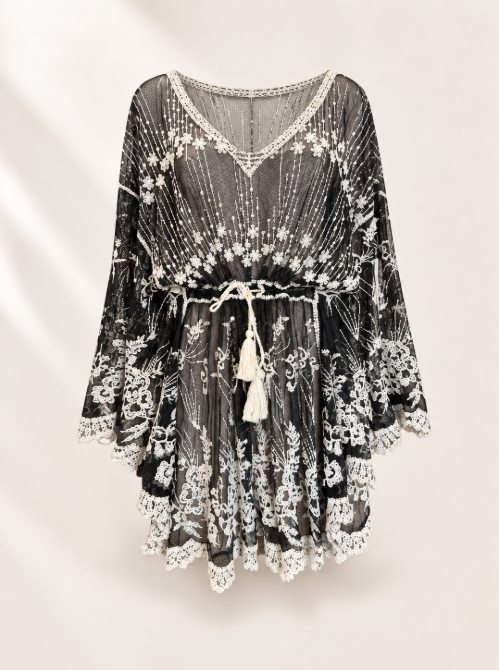 Black & White Embroidered Lace Cover Up | Sheer Beach Dress | Tie Waist Swim Cover Up | Boho Resort Wear
