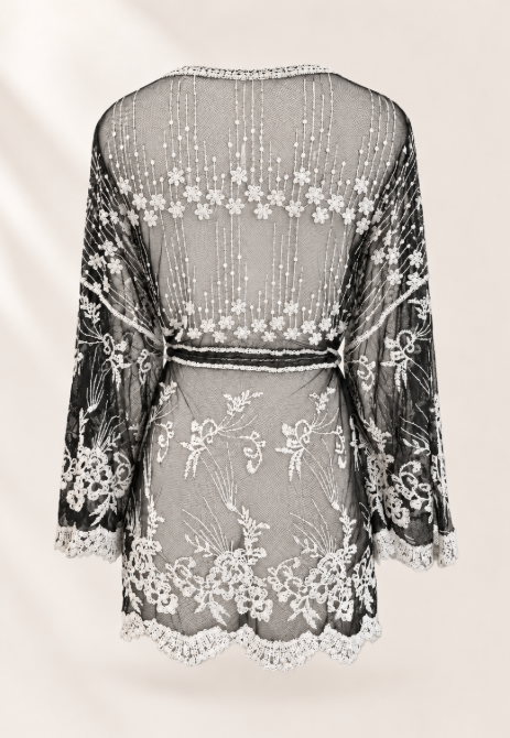 Black & White Embroidered Lace Cover Up | Sheer Beach Dress | Tie Waist Swim Cover Up | Boho Resort Wear