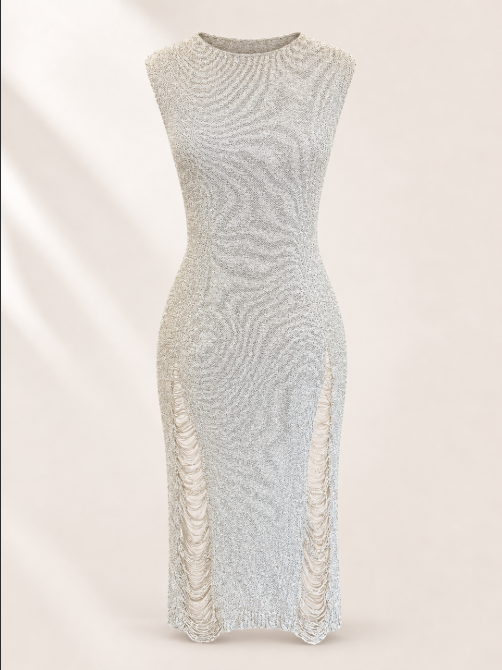 Silver Shredded Knit Maxi Cover Up | Metallic Beach Dress | Side Fringe Swim Cover Up | Sheer Resort Wear