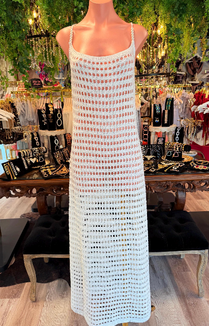White Pearl Strap Crochet Maxi Cover Up | Sheer Beach Dress | Crochet Swim Cover Up | Resort Wear