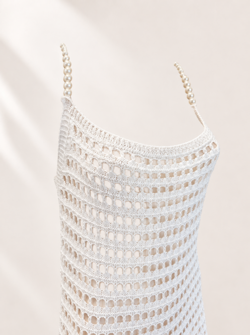 White Pearl Strap Crochet Maxi Cover Up | Sheer Beach Dress | Crochet Swim Cover Up | Resort Wear