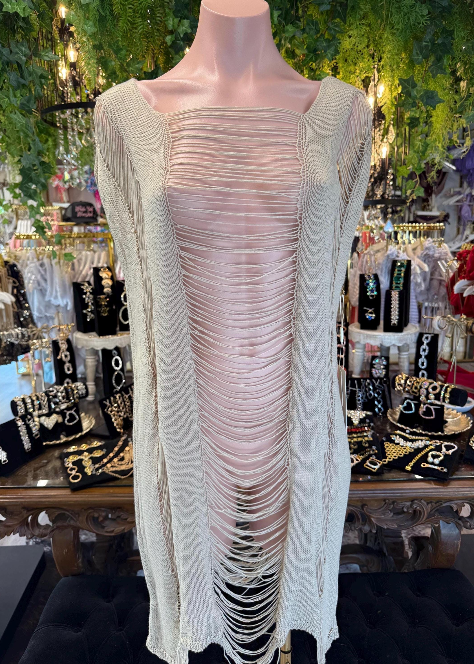 Tan Shredded Knit Cover Up | Fringe Beach Dress | Sheer Swim Cover Up | Boho Bikini Cover Up | Resort Wear