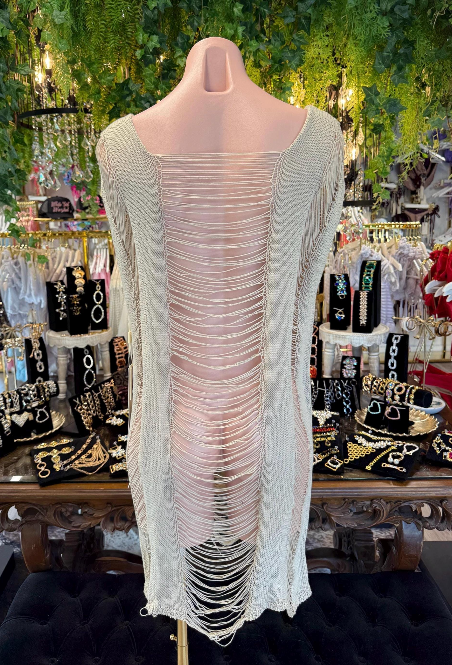 Tan Shredded Knit Cover Up | Fringe Beach Dress | Sheer Swim Cover Up | Boho Bikini Cover Up | Resort Wear