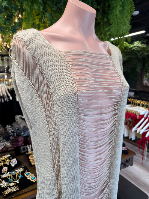 Tan Shredded Knit Cover Up | Fringe Beach Dress | Sheer Swim Cover Up | Boho Bikini Cover Up | Resort Wear