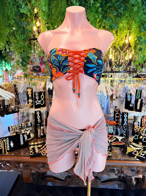 Handmade Tan Mesh Sarong with Orange Trim | Sheer Tie Side Beach Skirt | Bikini Cover Up | Swim Wrap | Resort Wear