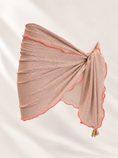 Handmade Tan Mesh Sarong with Orange Trim | Sheer Tie Side Beach Skirt | Bikini Cover Up | Swim Wrap | Resort Wear