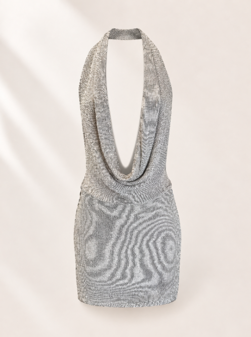 Silver Metallic Cowl Halter Dress | Backless Knit Mini Cover Up | Shimmer Beach Dress | Resort Wear