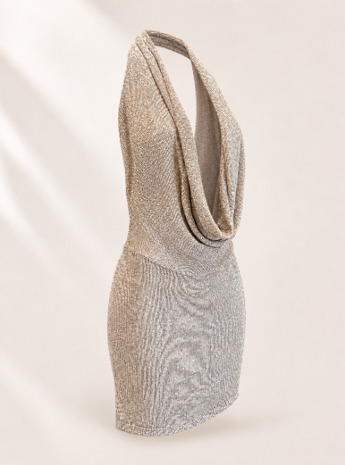 Silver Metallic Cowl Halter Dress | Backless Knit Mini Cover Up | Shimmer Beach Dress | Resort Wear