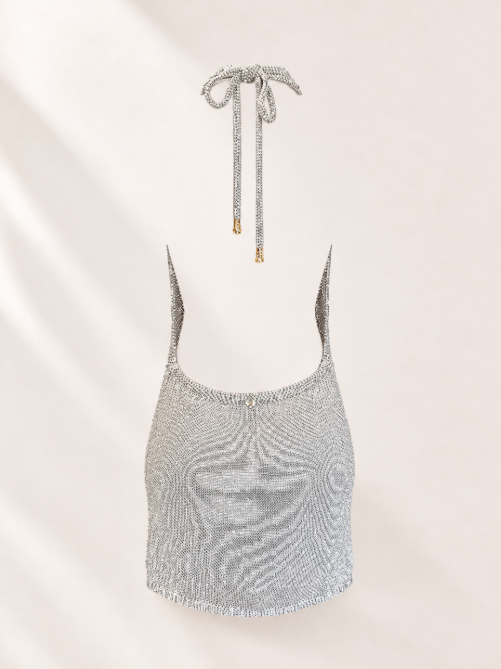 Silver Metallic Cowl Halter Dress | Backless Knit Mini Cover Up | Shimmer Beach Dress | Resort Wear