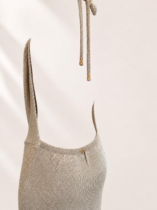 Silver Metallic Cowl Halter Dress | Backless Knit Mini Cover Up | Shimmer Beach Dress | Resort Wear