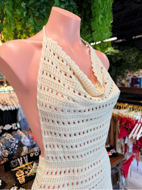 White Crochet Cowl Halter Mini Dress | Backless Beach Cover Up | Knit Swim Cover Up | Resort Wear