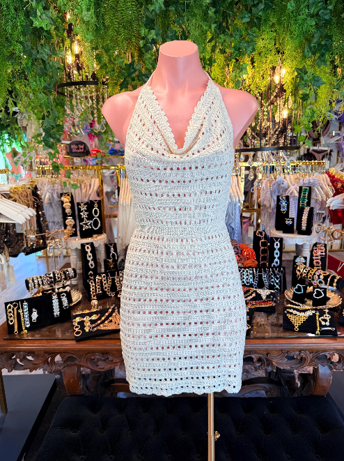 White Crochet Cowl Halter Mini Dress | Backless Beach Cover Up | Knit Swim Cover Up | Resort Wear