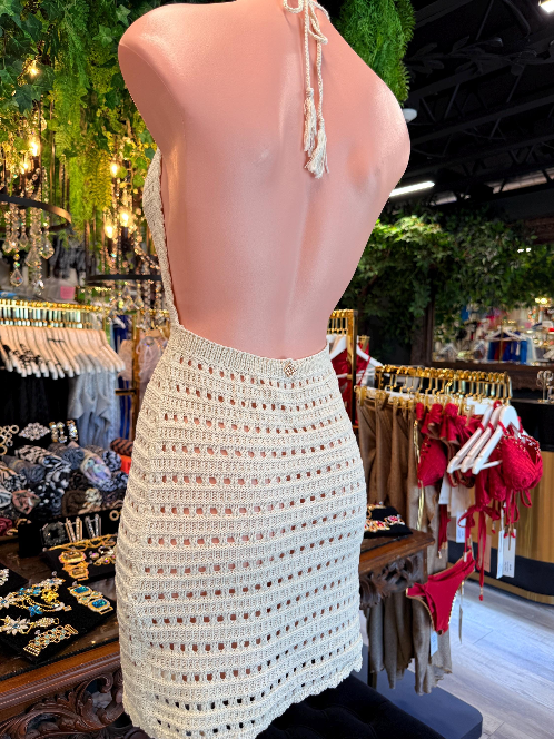 White Crochet Cowl Halter Mini Dress | Backless Beach Cover Up | Knit Swim Cover Up | Resort Wear
