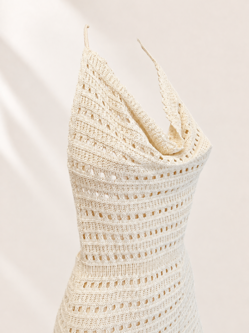 White Crochet Cowl Halter Mini Dress | Backless Beach Cover Up | Knit Swim Cover Up | Resort Wear