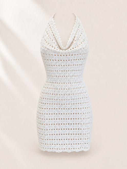 White Crochet Cowl Halter Mini Dress | Backless Beach Cover Up | Knit Swim Cover Up | Resort Wear
