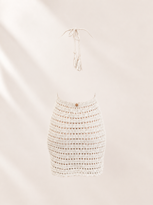 White Crochet Cowl Halter Mini Dress | Backless Beach Cover Up | Knit Swim Cover Up | Resort Wear