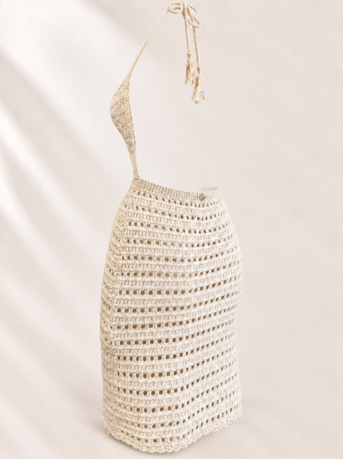 White Crochet Cowl Halter Mini Dress | Backless Beach Cover Up | Knit Swim Cover Up | Resort Wear