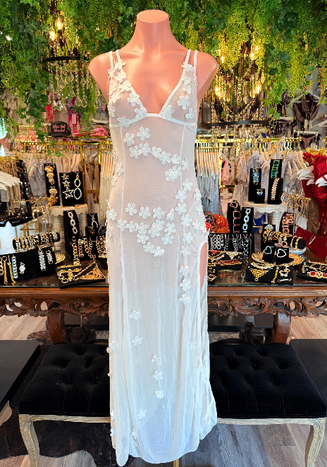 White Floral Mesh Maxi Cover Up | Sheer Flower Beach Dress | Side Slit Swim Cover Up | Resort Wear