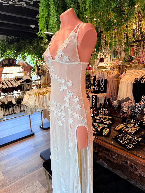 White Floral Mesh Maxi Cover Up | Sheer Flower Beach Dress | Side Slit Swim Cover Up | Resort Wear