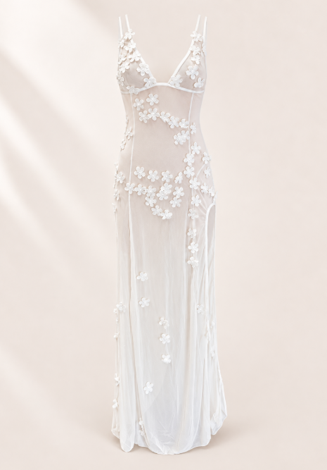 White Floral Mesh Maxi Cover Up | Sheer Flower Beach Dress | Side Slit Swim Cover Up | Resort Wear